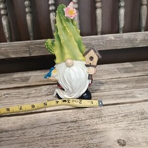 Cactus Gnome Figurine with Birdhouse - Green